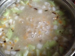 8、绿色健康无敌营养粥（蔬菜肉糜粥）,再放入肉糜，煮5分钟，再放入冬瓜块和丝瓜块，煮15分钟。