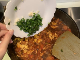 17、鸡蛋西红柿打卤面,撒入葱花，翻炒均匀就可以出锅