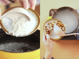 4、香甜栗子营养粥,锅中倒入2000ml水，大火煮开，倒入浸泡过的糯米与栗子