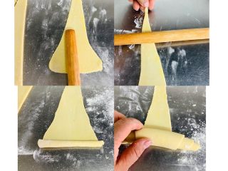 13、牛角酥,取一个面剂低部在轻轻擀压一下，在把擀面棍横过来向前擀压一遍，从底部向上卷起。