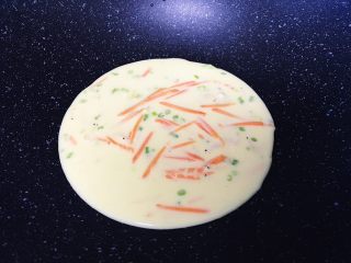 14、海陆双拼：虾皮胡萝卜鸡蛋饼,平底锅烧热刷一层薄薄的色拉油 舀一勺面糊 小火煎至