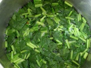 2、早餐+菠菜香菇肉末粥,水烧开，下菠菜段，焯水，捞出备用。直接用菠菜我还是比较担心草酸，所以还是焯一下水比较好