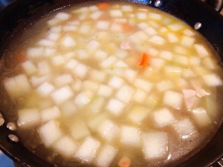 8、冬瓜胡萝卜肉丁汤,添加适量清水或者高汤大火煮起来