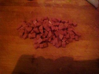 7、西芹火腿粥,火腿切成小丁