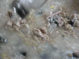9、私房秘籍，如何熬出一锅美味的皮蛋瘦肉粥,等肉丝变色后，倒入1g胡椒粉、1.5g盐，再次拌匀