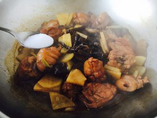 15、小鸡炖蘑菇,放入少许盐调味，翻炒均匀即可。