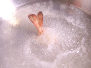 8、粗粮金汤明虾粥,在开水中的明虾肉显的晶莹剔透。
