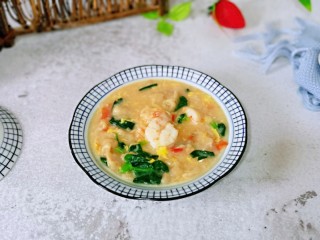 16、快手早餐～虾仁时蔬面疙瘩,盛出装入碗中即可享用，快手早餐营养均衡。