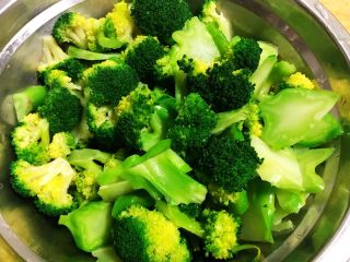 3、黑椒牛排意面,西兰花摘成小朵洗净在开水中焯水后立即捞出放入冷水中冲凉后沥干水份备用