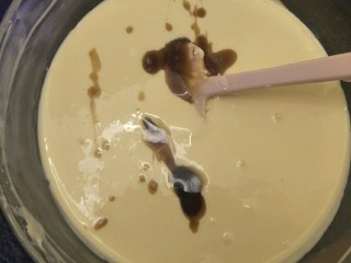 12、纽约芝士蛋糕,等得到光滑的奶酪糊后。加入5克香草精。这个时候用刮刀搅拌就可以啦。