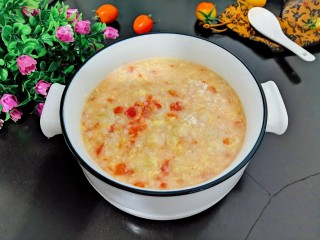 23、番茄丝瓜补钙粥,搅拌均匀后,盛出上桌