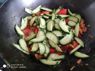 14、肉片番茄炒黄瓜,加入黄瓜翻炒。