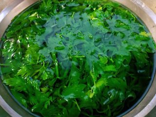 3、#冬日暖心菜#胡萝卜小米粥,太芹菜叶在开水中焯水后立即放入冷水中过凉