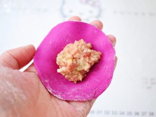 10、多彩饺子,取一张饺子皮，放入馅料