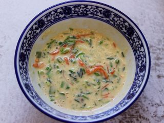 13、鹅蛋菠菜早餐饼,把所有的食材混合搅拌均匀后。