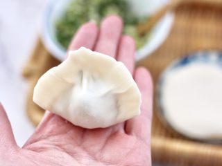 9、快手酸汤大馅馄饨,先包成饺子模样。