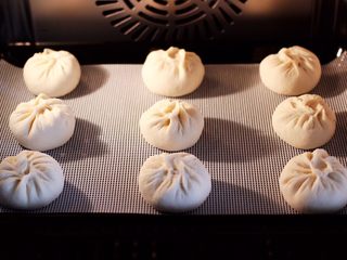 15、大葱猪肉发面包,依次包好所有的包子后,放入蒸箱进行二发,发至原来的1.5倍大时,启动蒸箱蒸15分钟焖5分钟即可。