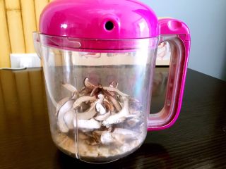 9、虾皮香菇粉,虾皮，香菇片放入辅食机中。