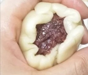 19、玫瑰鲜花饼,用虎口慢慢往上推，使面团完全包裹住玫瑰馅，收口处捏紧