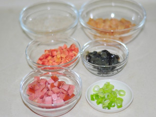 1、三色鸡肉粥,准备材料。大米洗净清水浸泡,鸡胸肉洗净切小丁,用盐抓匀上浆,备用。胡萝卜洗净去皮,切小丁。松花蛋切小丁。火腿切小丁,葱切葱花