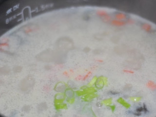 6、三色鸡肉粥,继续盖上锅盖煮到剩余1分钟的时候,加入盐、鸡粉、白胡椒粉、葱花。拌匀