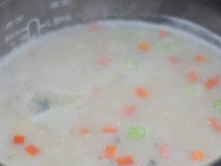 7、三色鸡肉粥,时间到后,关闭电源,搅匀。装起,点缀上肉松,即可食用