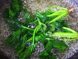 5、生滚槐花猪肝粥,锅中倒入适量清水煮沸后，把菠菜焯至变色捞出沥干水分。