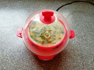 10、菠菜鸡蛋糕,盖上盖子，接通电源，看到蛋液凝固(大概需要8分钟左右)以后再蒸1分钟左右，关闭电源。