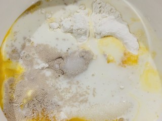 1、菠萝面包,先做面包部分是,将准备好的高筋粉,鸡蛋,白砂糖,盐,酵母,牛奶依次按顺序倒入容器中