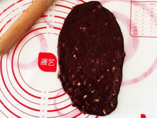 6、巧克力坚果软欧,把面团擀成椭圆形