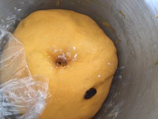 11、奶香南瓜葡萄干小吐司,手指沾粉戳孔不塌陷不回缩就表示发酵完成