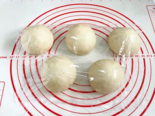 6、牛奶炼乳蔓越莓软欧,将发酵好的面团取出排气，平均分成5份，接着滚圆，盖好保鲜膜松弛15分钟。