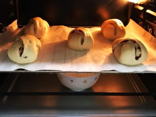 14、牛奶炼乳蔓越莓软欧,把面团放入烤箱内进行二发，开启烤箱发酵功能，可设定发酵温度35度，在烤箱下层放碗温水增加湿度。