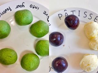 4、㊙️无澄粉，无粘米粉‼️也可以做的网红豆沙青团,4️⃣将面团平均分成6个圆球，每个圆球大约43克。豆沙馅分成30克一个的圆球，我还做了鲜奶馅的。