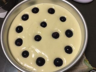 11、葡萄酸奶蛋糕,蛋糕糊倒入模具中震几下，然后放入紫葡萄，马上送入烤箱烤制。