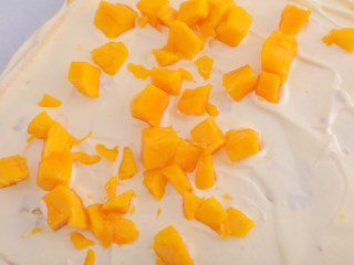 7、3款像云朵般柔软的瑞士卷，每一口都让人沦陷！,在蛋糕表面抹上奶油，铺上芒果丁。（内馅可少放，放太多卷的时候可能会挤出来哦~