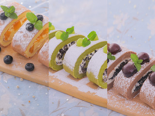 16、3款像云朵般柔软的瑞士卷，每一口都让人沦陷！,分别撒上糖霜，切成蛋糕卷，用青提和车厘子搭配薄荷进行装饰，3种口味的瑞士卷就做好啦，开吃吧~