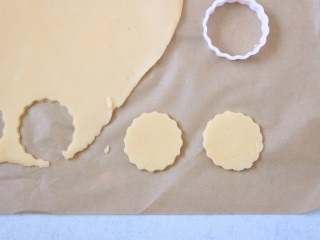 6、酥皮泡芙,擀好的薄片放冰箱冻3分钟,然后用圆形模具压出圆形小片,酥皮小片放冰箱冷藏备用。边角料可再擀平再压圆片,或者冻起来下次用。