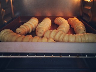 16、毛毛虫面包,烤箱预热180度，中层上下火，20分钟，中途加盖锡纸。