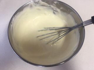 4、可可旋风瑞士卷（后蛋法）, 取出三分之一的蛋白霜到蛋黄糊里，用翻拌的手法把两者混合均匀。