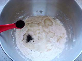 2、竹炭软欧包,搅拌桶里倒入高筋面粉、全麦粉、把汤种全部倒进去，加入盐、竹炭粉。