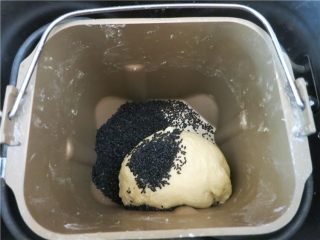 4、嘎嘣脆哒黑芝麻磨牙棒,在揉面程序结束前5分钟，倒入黑白芝麻