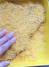 6、黄金炸猪排,在另一只大盘里铺满面包糠，把沾满蛋液的肉片再洒在表面一层面包糠，用手压紧