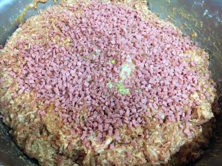 4、做年货 家宴特色秘制龙眼丸子(31个步骤图文详细解释),放入龙眼丸子的非常重要的配料天津老火腿,老火腿在龙眼丸子里起到调味的作用,量不需要太多,放120g左右就可以了。