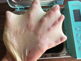 2、面包机版黑钻吐司,揉面结束后取出一块面团检查面团状态。