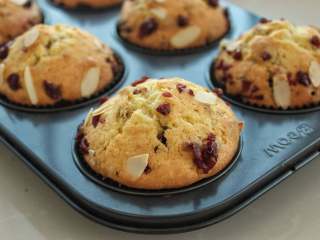 13、蔓越莓马芬蛋糕,待蛋糕表面金黄、开裂后取出晾凉食用即可