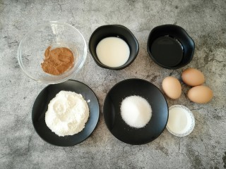 1、可可戚风蛋糕,准备所需食材