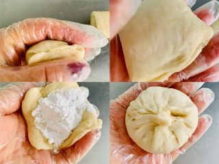 8、发面油酥小糖饼,取其中一个小剂子两头收口，包入糖馅。