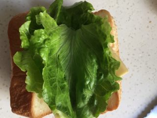 8、芝士火腿三明治,再铺上生菜叶