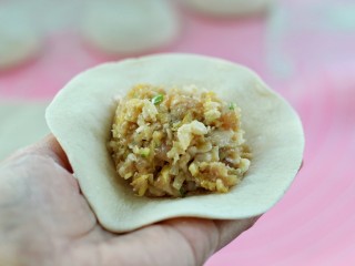17、东北猪肉酸菜馅包子,取一个饼皮放上适量馅料